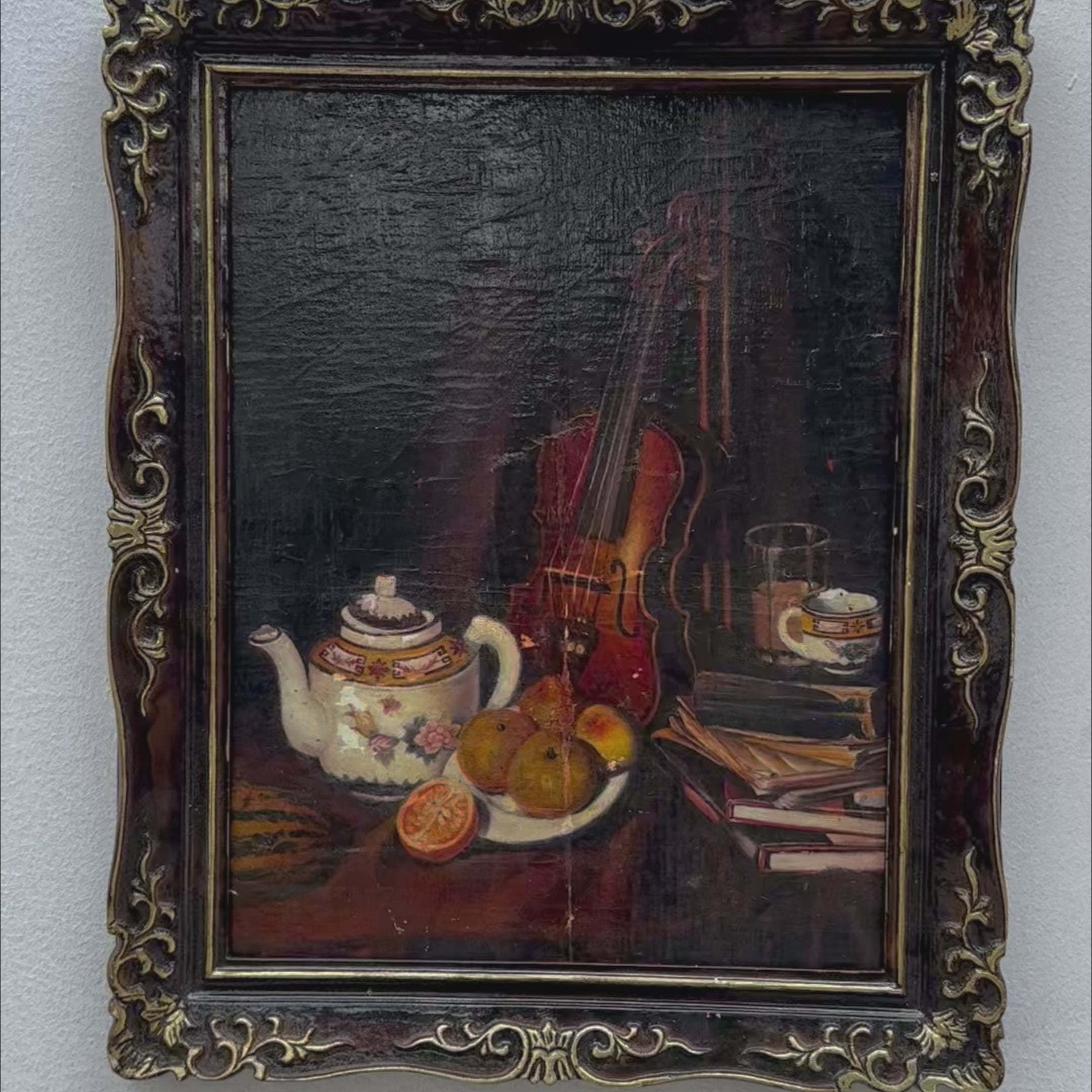 Violin & Books Still Life Oil Painting | Teapot & Fruit | Black Gold Frame | Original 1960s | 45×55cm