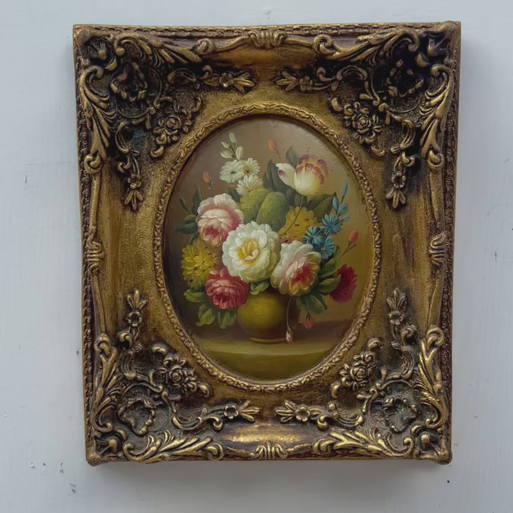 Original Rose Oil Painting, Oval Canvas with Ornate 3D Integrated Molding Baroque Gilded Frame