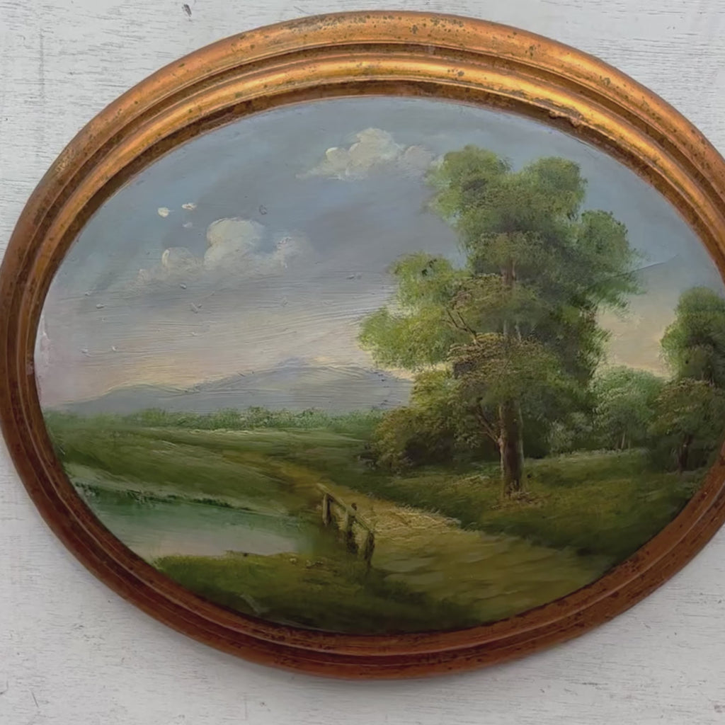 Waterside Path | Vintage Landscape Oil Painting | Oval Frame, Convex Panel | 18.5×15.4in