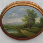 Waterside Path | Vintage Landscape Oil Painting | Oval Frame, Convex Panel | 18.5×15.4in