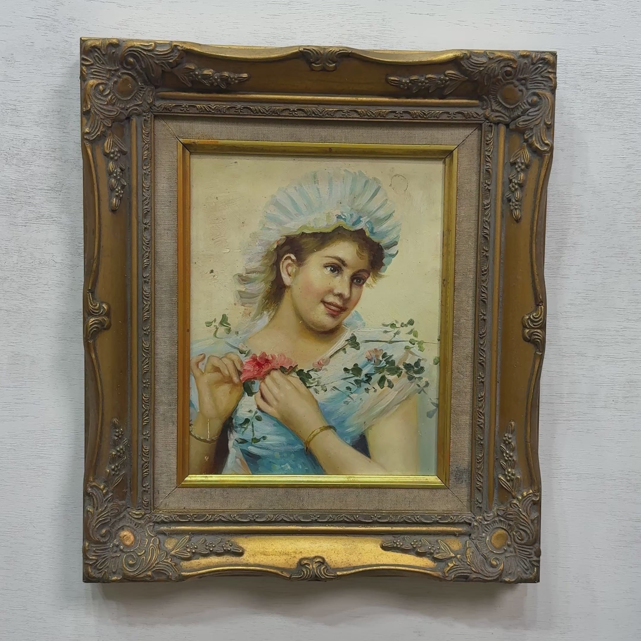 A classical lady portrait framed in an ornate gold frame  Romantic style wall art (11.02×12.99 in)