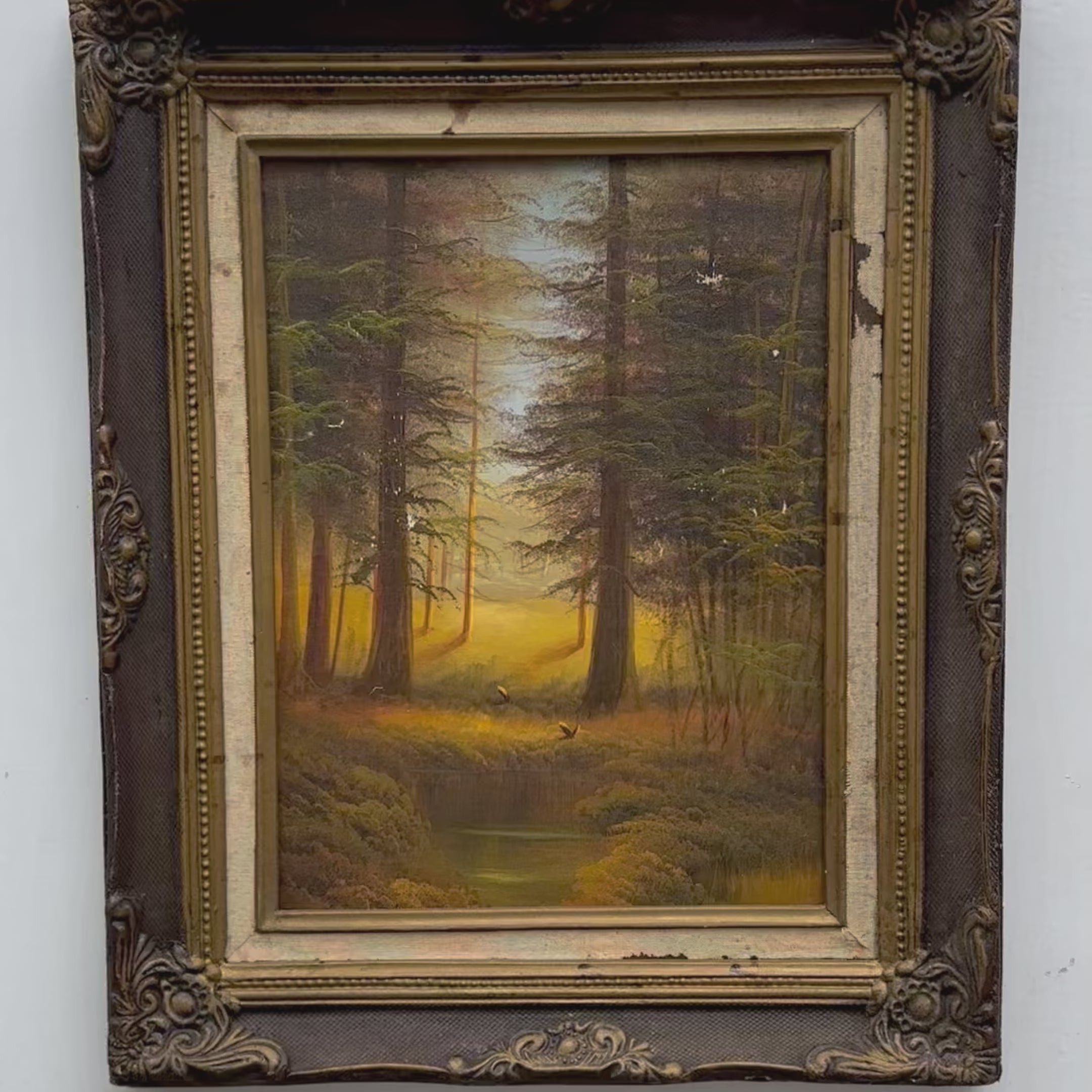 Vintage Woodland Landscape Painting, Hand Painted Forest Scene in Ornate Frame