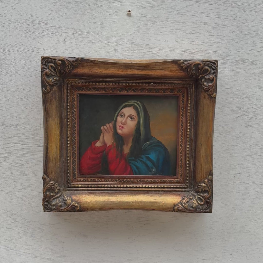 Virgin Mary in Prayer Oil Painting | Eyes Raised to Light | Hand-drawn vintage art | 9.3×8.3in