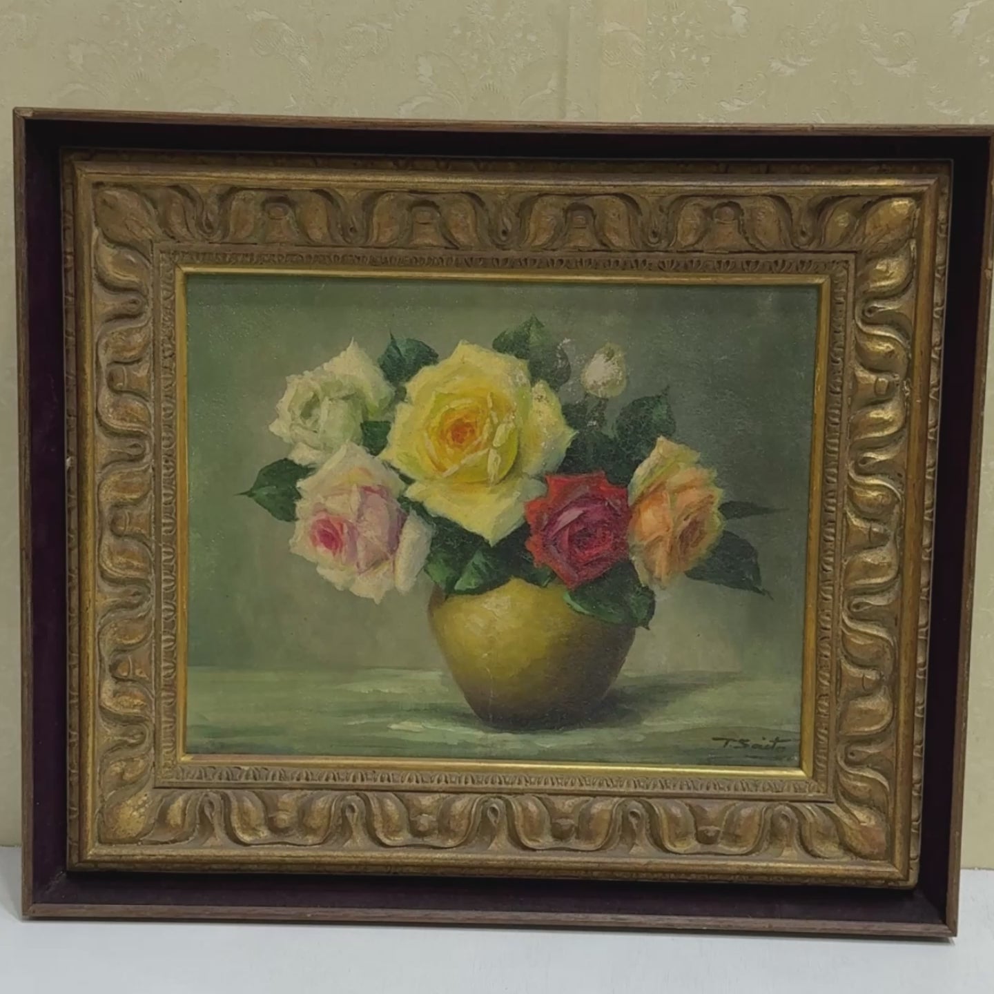 Roses in a Golden Vase | Signed T. Saito | Vintage Floral Oil Painting | 23×19.5in