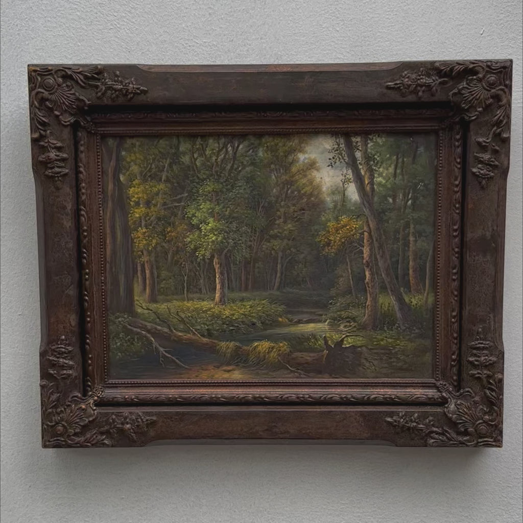 Woodland Stream Oil Painting | Fallen Tree & Forest Light | Walnut Frame | Original 1970s | 54×44cm