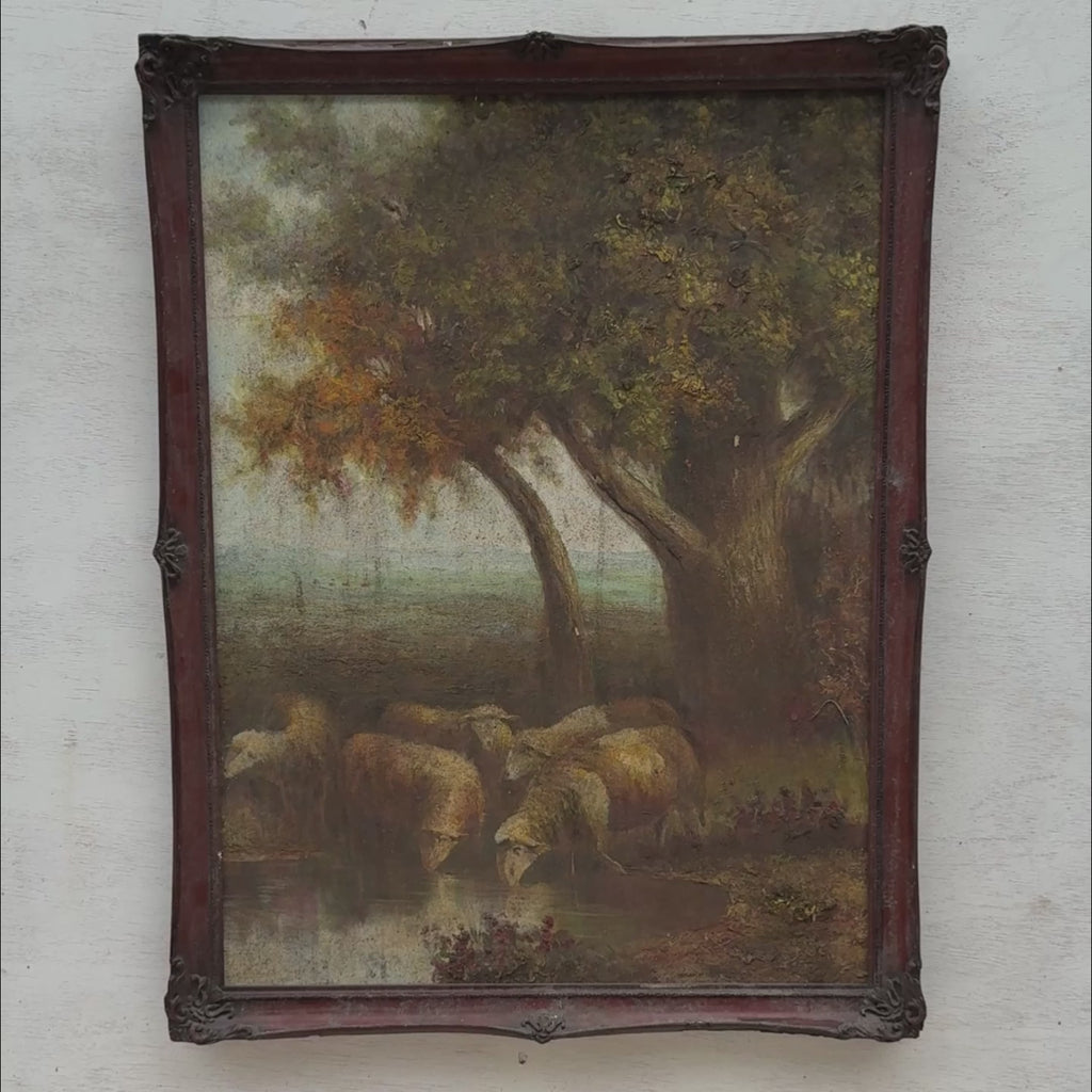 By the Still Water | Vintage Pastoral Landscape Oil Painting | Dark Wood Frame | 20.1×26.4in