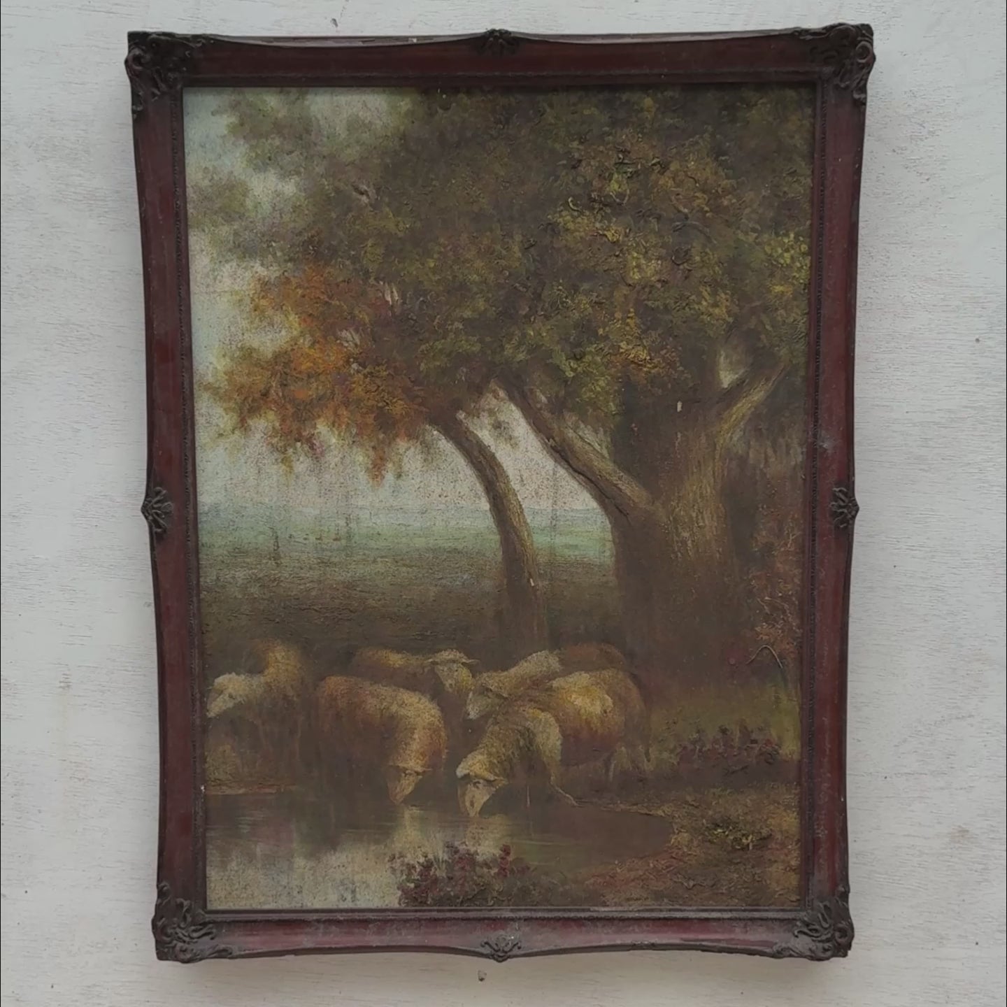By the Still Water | Vintage Pastoral Landscape Oil Painting | Dark Wood Frame | 20.1×26.4in