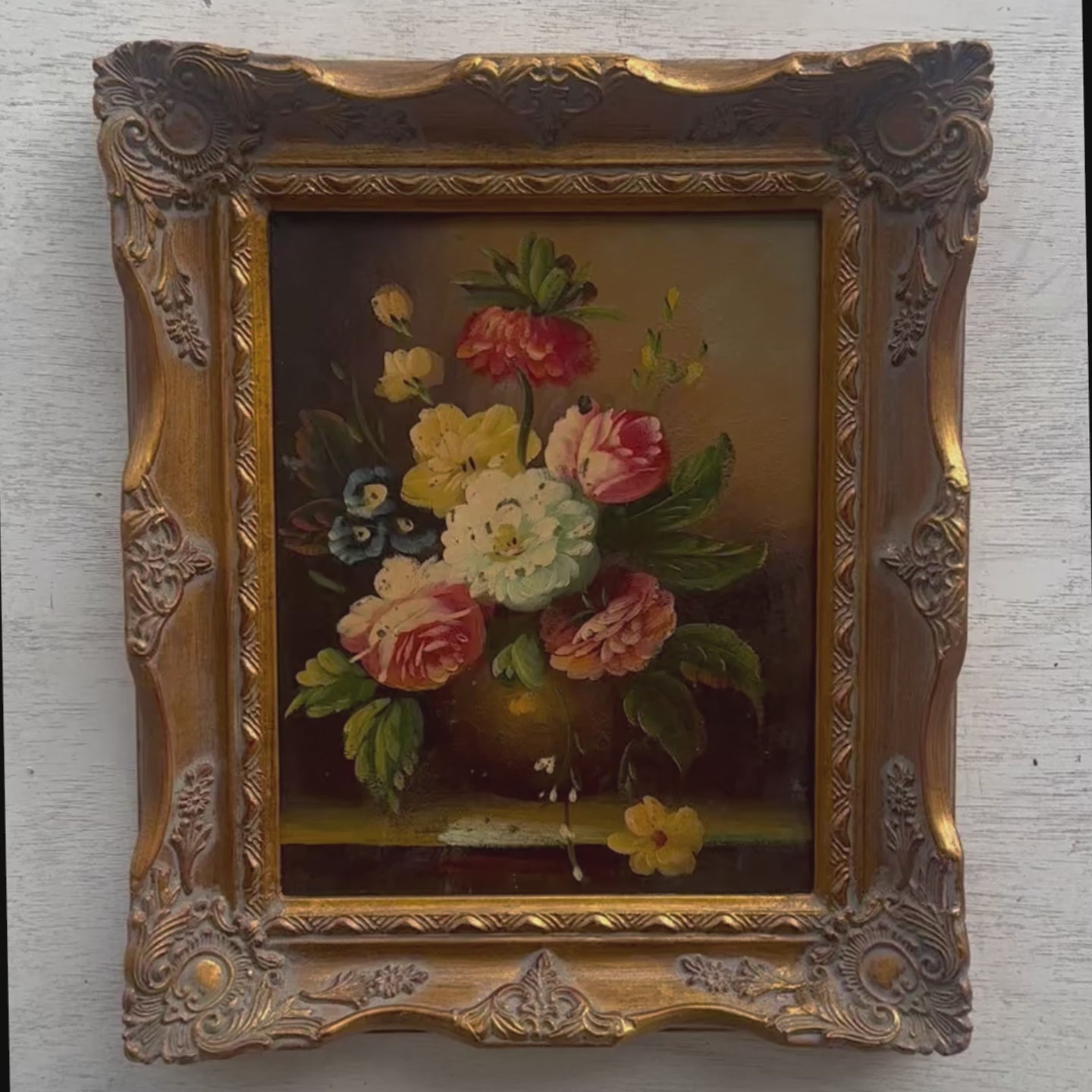 Floral Still Life with Bouquet | Vintage Oil Painting | Ornate Frame | 11.4×13.4in