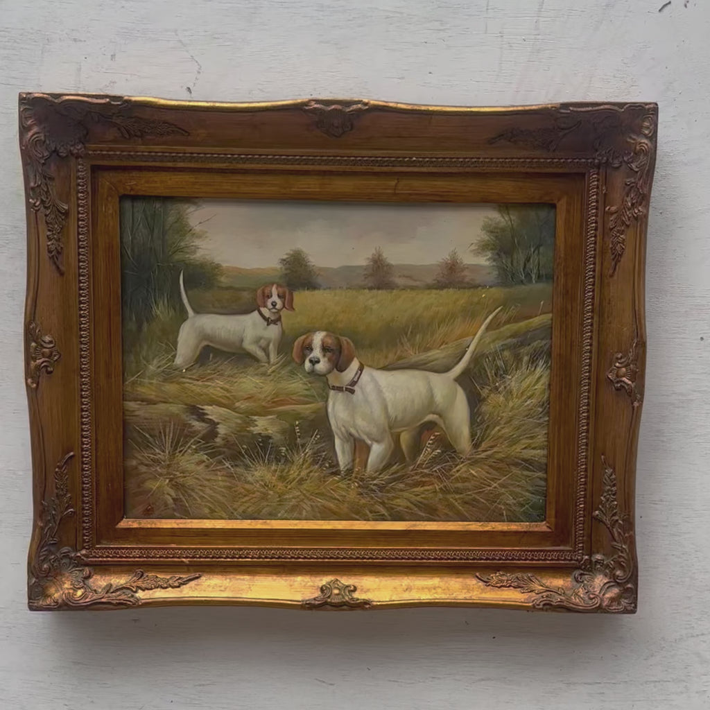 Hunting Dogs in Autumn Meadow Oil Painting | Two Dogs in Golden Fields | Carved Wood Frame | Original 1965–1970s | 54×44cm