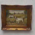 Hunting Dogs in Autumn Meadow Oil Painting | Two Dogs in Golden Fields | Carved Wood Frame | Original 1965–1970s | 54×44cm