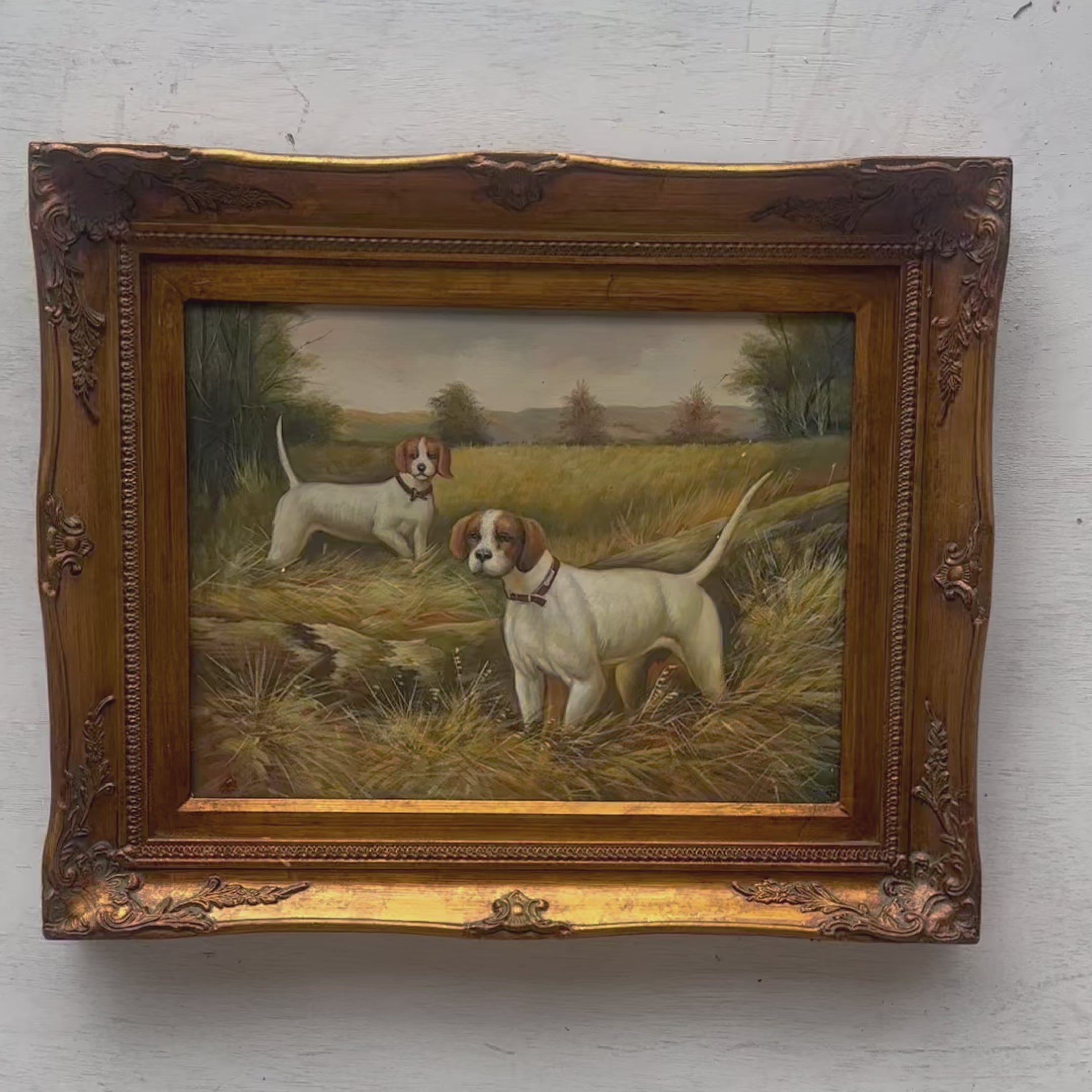Hunting Dogs in Autumn Meadow Oil Painting | Two Dogs in Golden Fields | Carved Wood Frame | Original 1965–1970s | 54×44cm