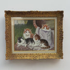 Four Playful Kittens Oil Painting | Vintage Cat Art | Ornate Gold Frame | Mid-20th C. | 22×18.5in