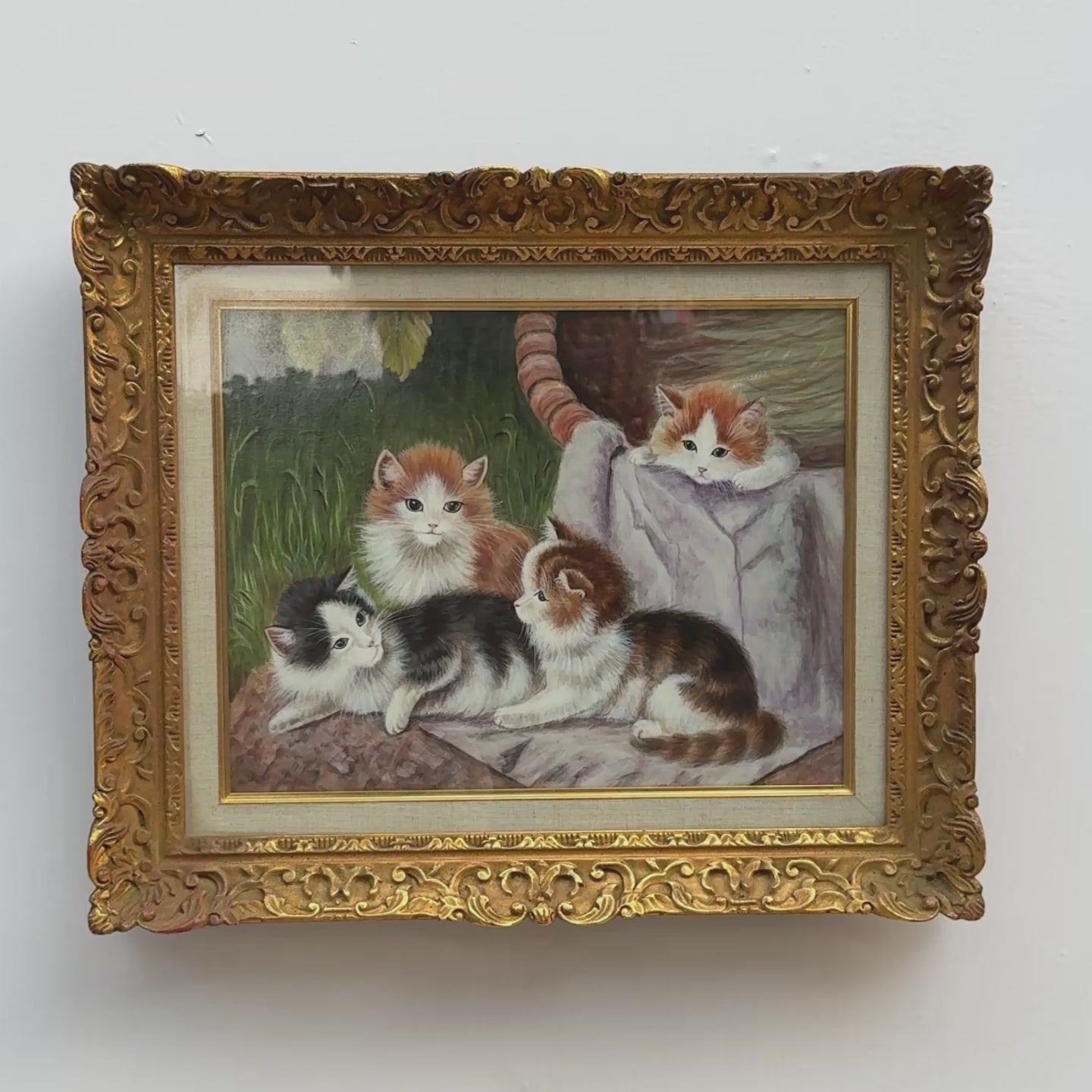 Four Playful Kittens Oil Painting | Vintage Cat Art | Ornate Gold Frame | Mid-20th C. | 22×18.5in