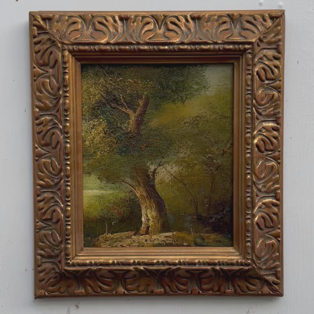 Ancient Tree by Forest Stream Oil Painting | Dappled Light | Baroque Frame | 15.4×17.3in