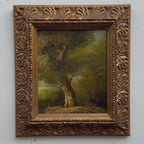 Ancient Tree by Forest Stream Oil Painting | Dappled Light | Baroque Frame | 15.4×17.3in