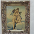 Two Cherubs Embracing | Vintage Figurative Oil Painting | Rococo Silver-Gold Frame | 17.7×21.7in