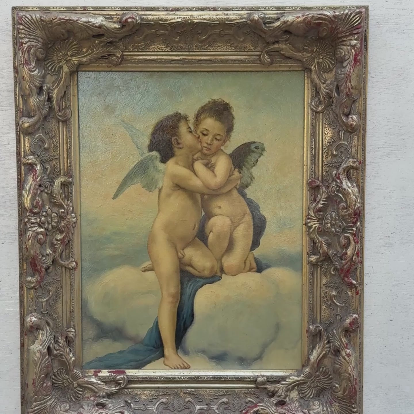 Two Cherubs Embracing | Vintage Figurative Oil Painting | Rococo Silver-Gold Frame | 17.7×21.7in