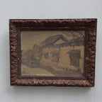 European Village Street Oil Painting | Monogrammed | Original circa 1930s | Carved Wood Frame 42×33cm