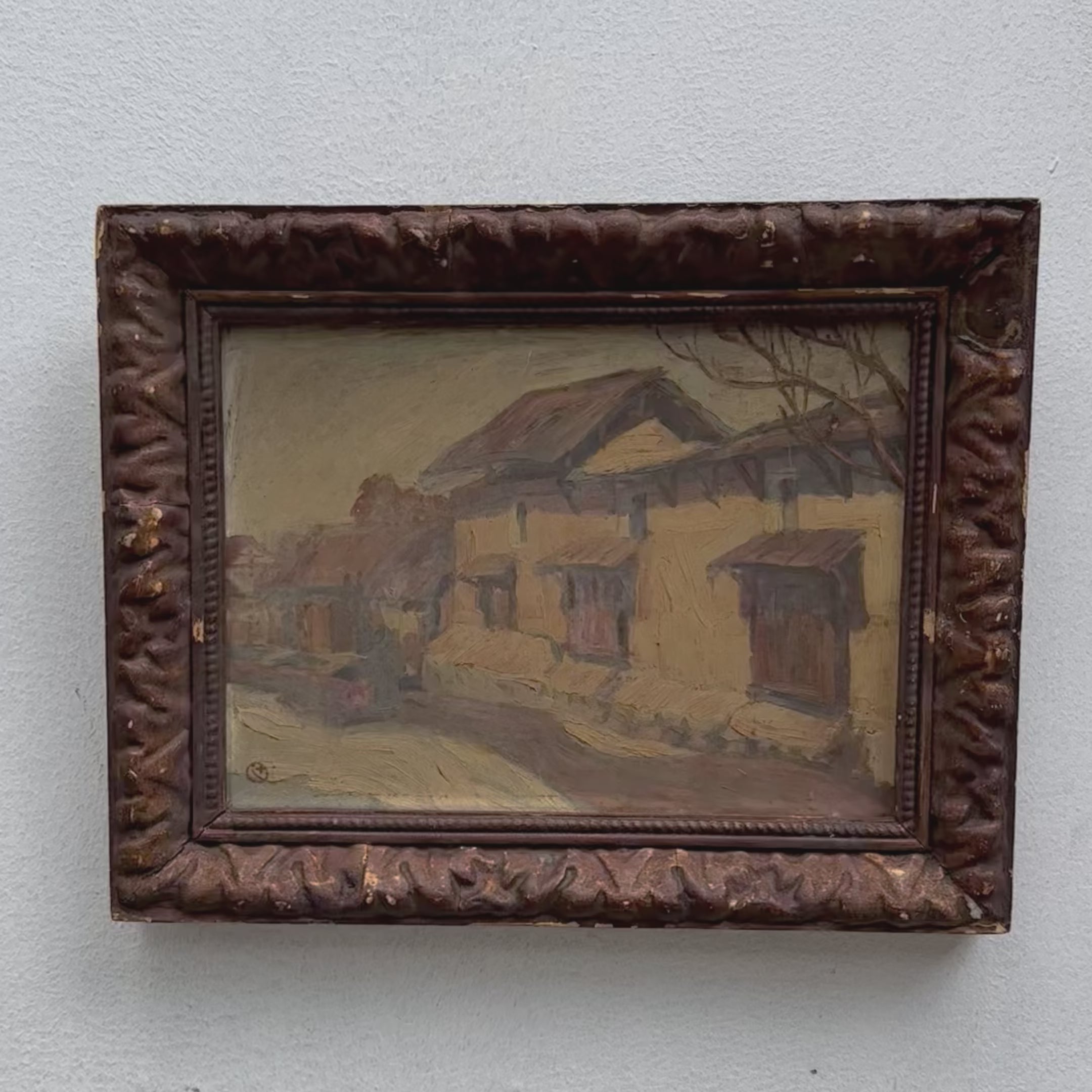 Circa 1890s Original Antique European Village Street Landscape Oil Painting with Vintage Solid Wood Frame
