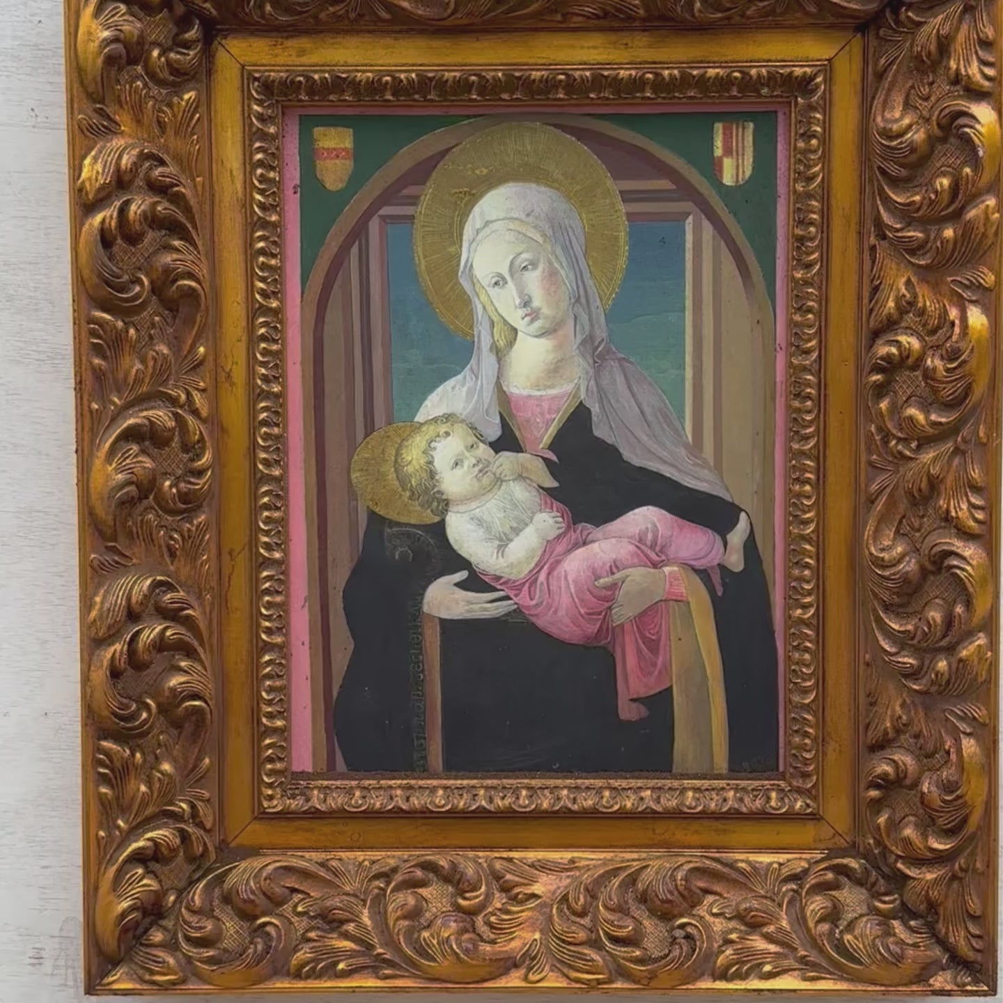 Madonna and Child | Vintage Egg Tempera Reproduction | Ornate Carved Frame | 19.7×23.6in