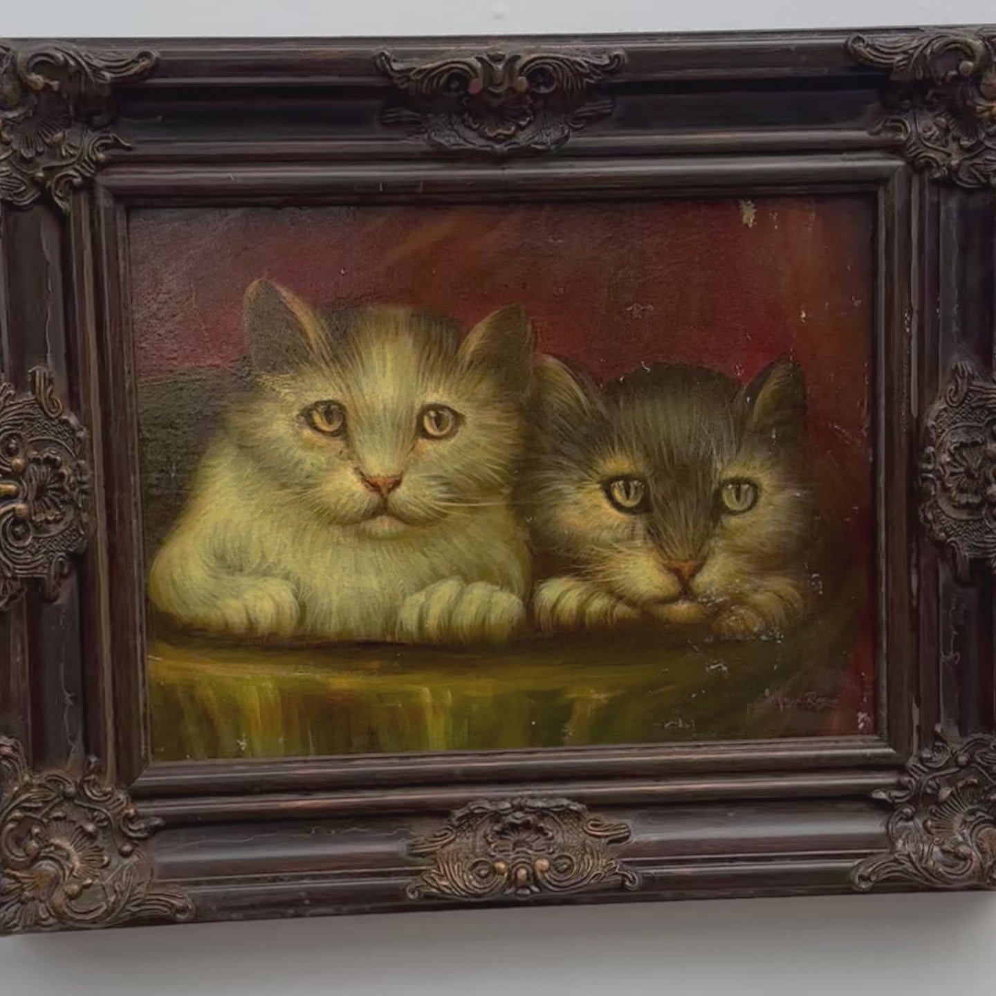 Two Cats Resting Together Oil Painting | Vintage Cat Portrait | Ornate Dark Frame |  21.7×17.7in