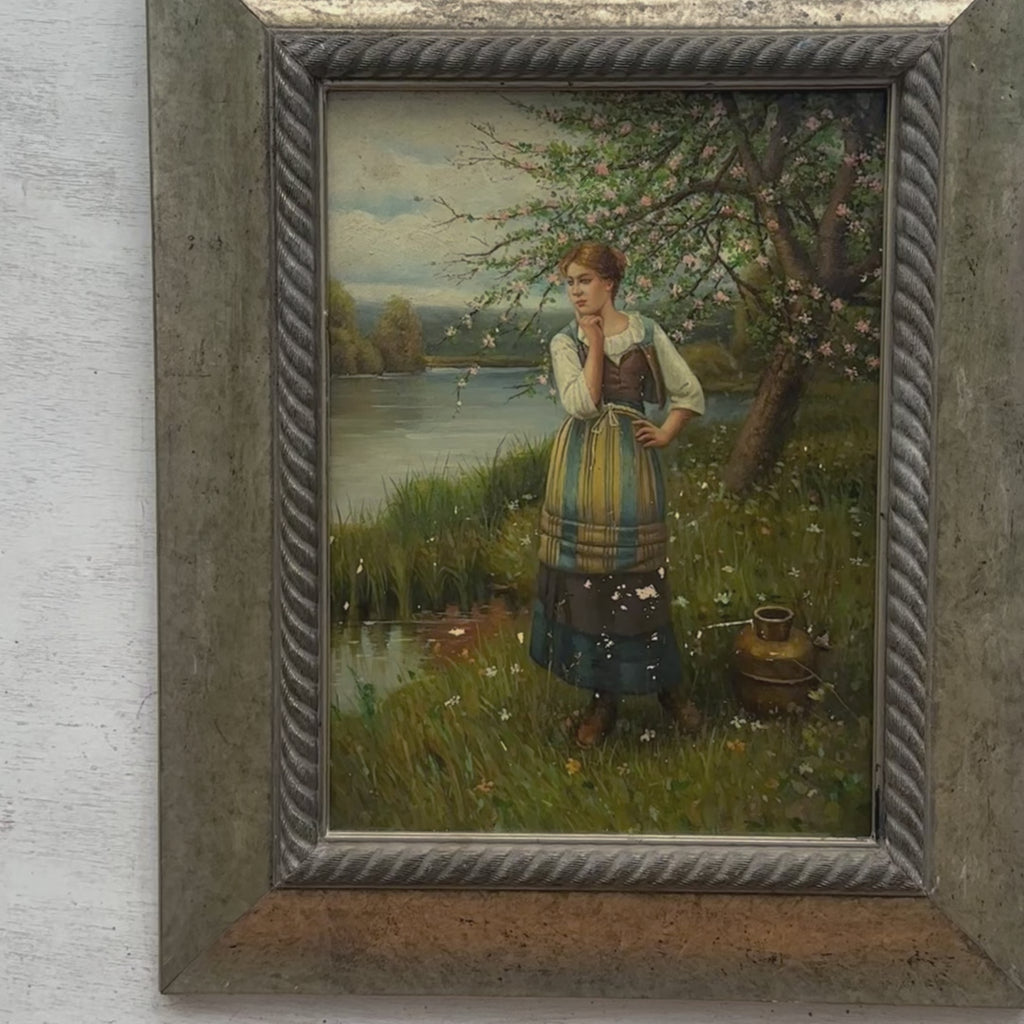 Maiden by the Lakeside Oil Painting | Folk Attire & Wildflowers | Silver Frame | circa 1960s | 18.9×22.8in