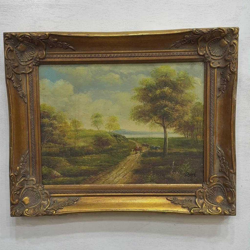 Cattle Along the Country Road Oil Painting | Vintage Pastoral Landscape | Gold Frame | Mid-20th C. | 20.5×16.9in