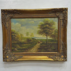 Cattle Along the Country Road Oil Painting | Vintage Pastoral Landscape | Gold Frame | Mid-20th C. | 20.5×16.9in
