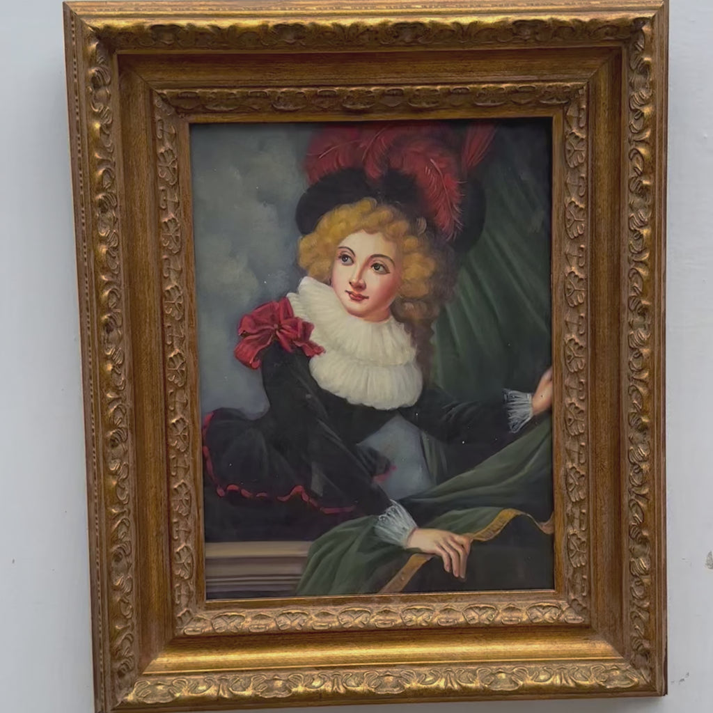 Lady with Red Feather Hat Baroque Portrait Oil Painting | Lace Ruff & Black Dress | Bronze Gold Frame | Original 1970s | 48×58cm