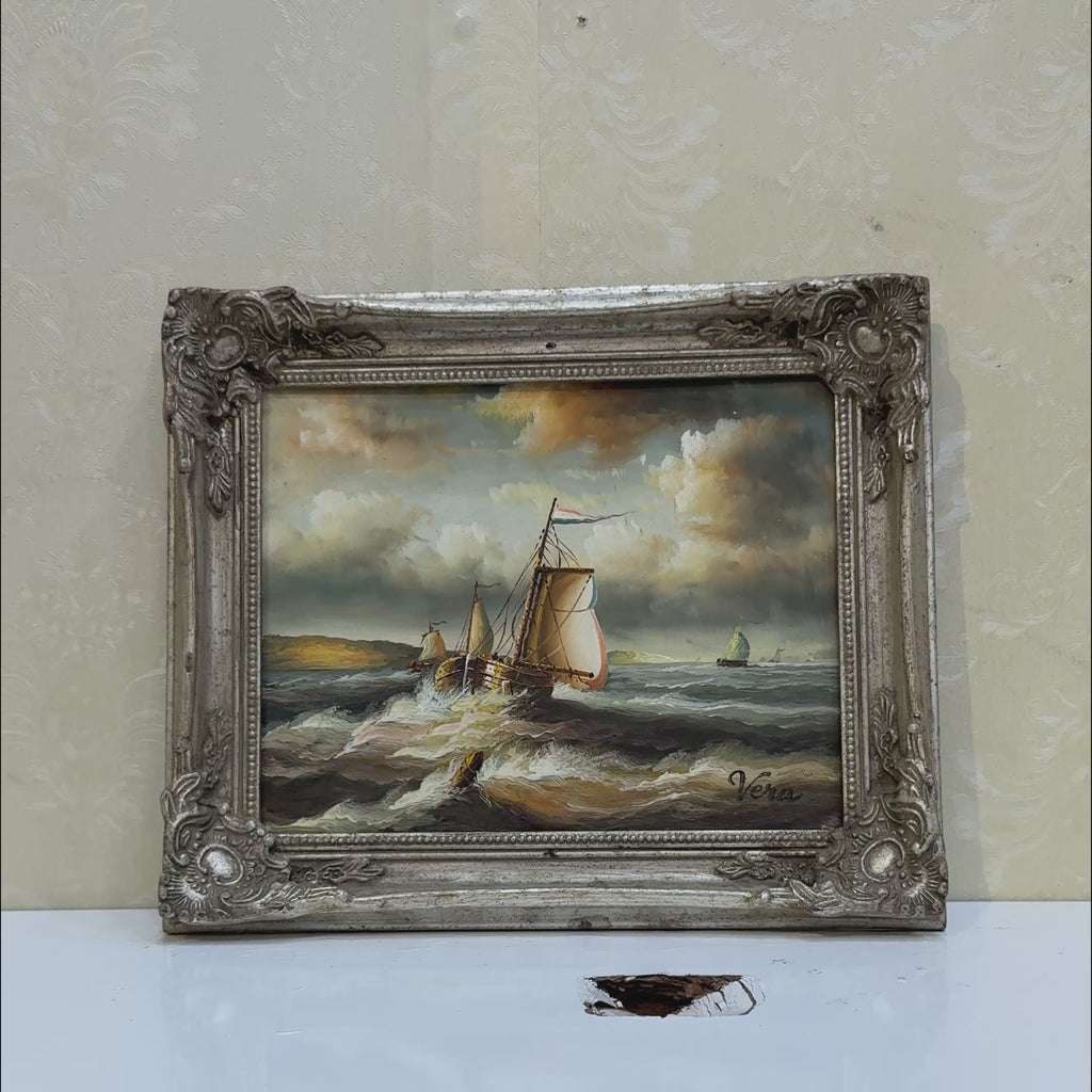 Sailing Through the Restless Sea Oil Painting | Signed Veia | Silver Ornate Frame | Original circa 1975 | 12.6×10.6in