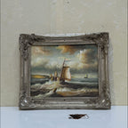 Vintage Seascape Oil Painting with Sailing Ships – Antique Ornate Frame Nautical Wall Art