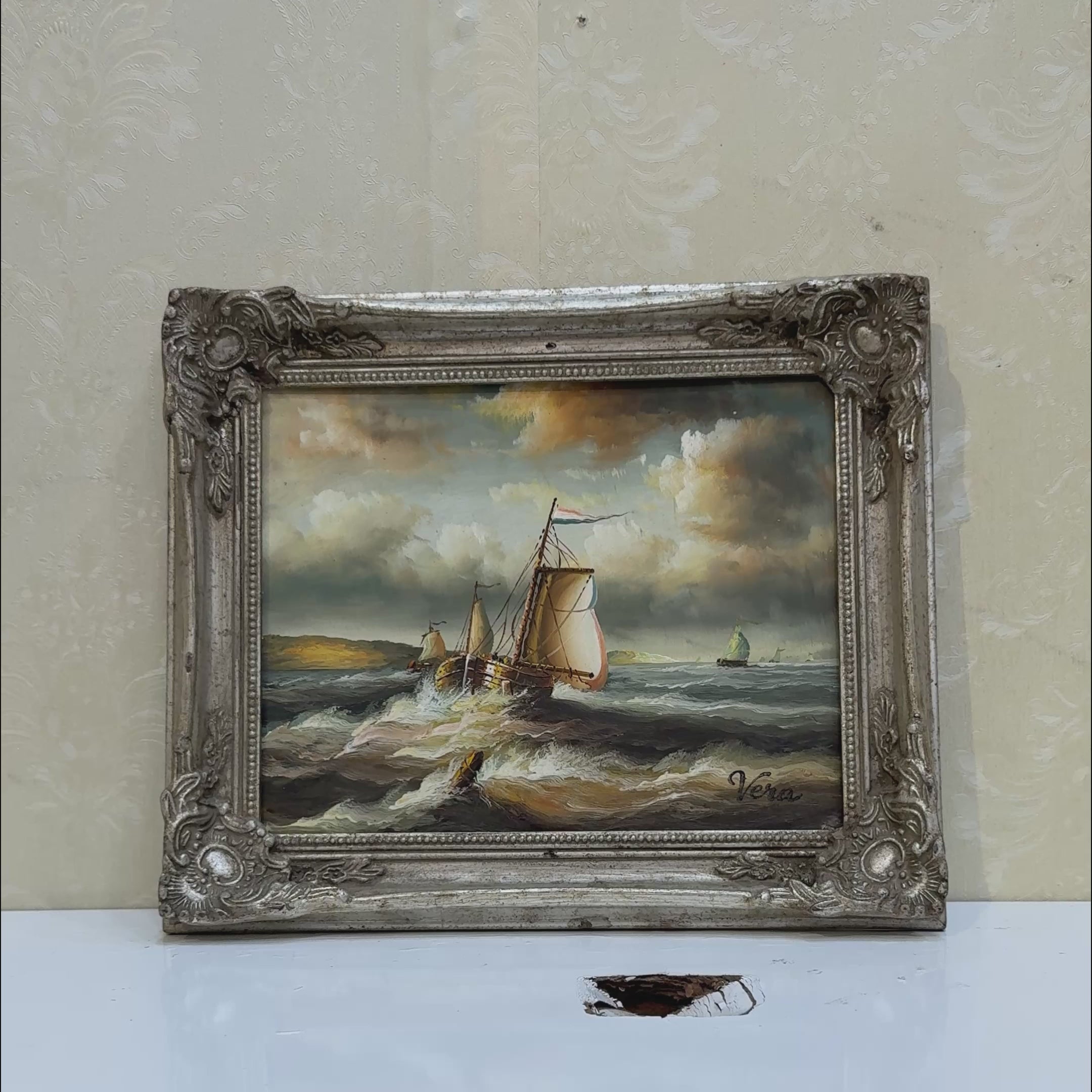 Vintage Seascape Oil Painting with Sailing Ships – Antique Ornate Frame Nautical Wall Art