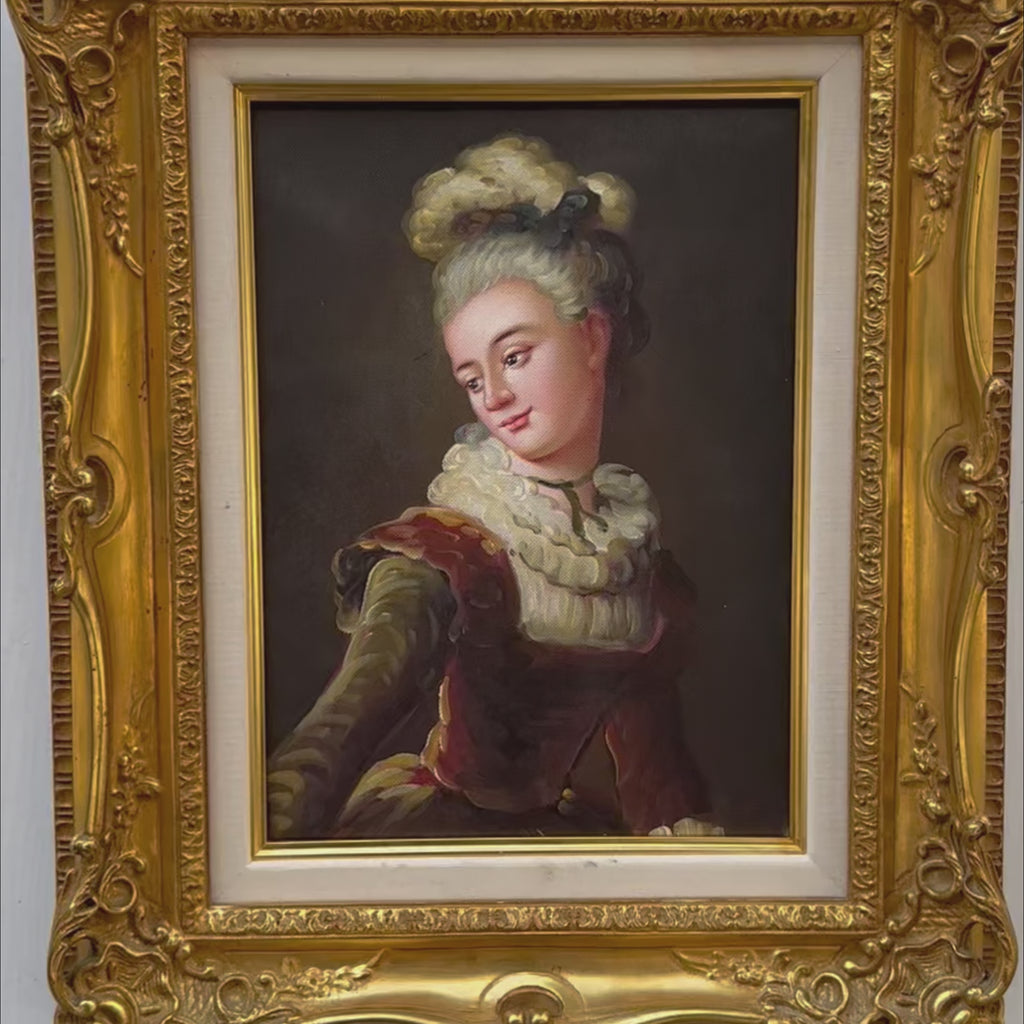 Lady in Lace Collar Portrait Oil Painting | Feathered Updo | Gold Carved Frame | Original 1980s | 42×51cm