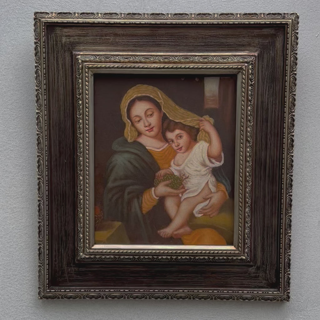 Madonna & Child with Grapes Oil Painting | Golden Veil & Green Robe | Two-Tone Wood Frame | Original 1950s | 44×49cm