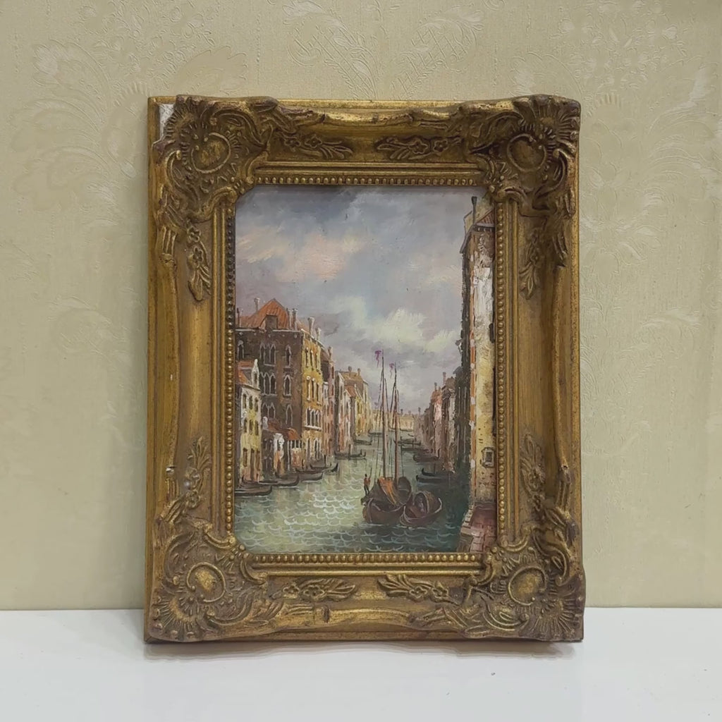 Boats on a Venetian Canal Oil Painting | Gondolas & Historic Buildings | Gold Gesso Frame | circa 1985 | 7.9×9.8in