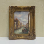 Boats on a Venetian Canal Oil Painting | Gondolas & Historic Buildings | Gold Gesso Frame | circa 1985 | 7.9×9.8in