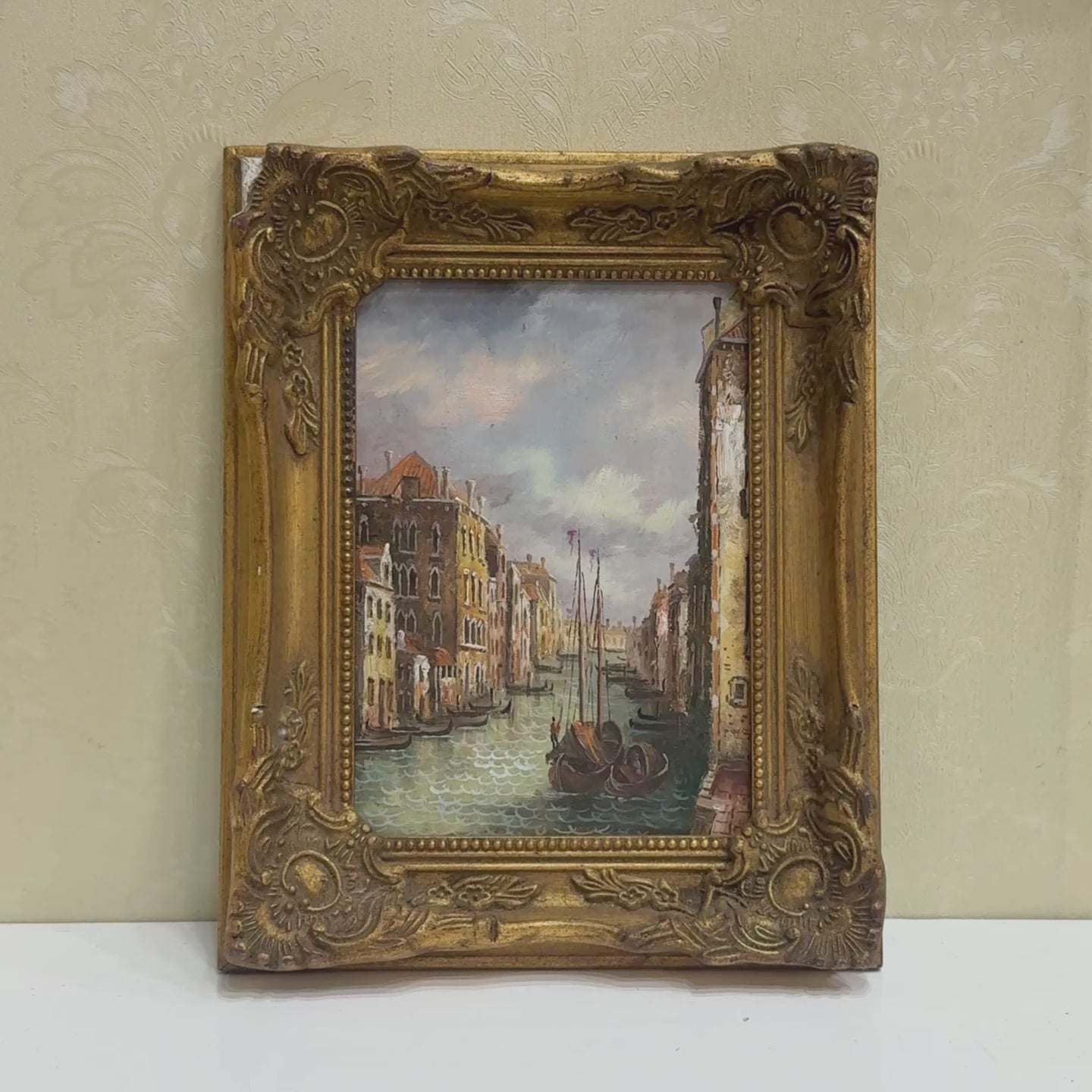 Boats on a Venetian Canal Oil Painting | Gondolas & Historic Buildings | Gold Gesso Frame | circa 1985 | 7.9×9.8in