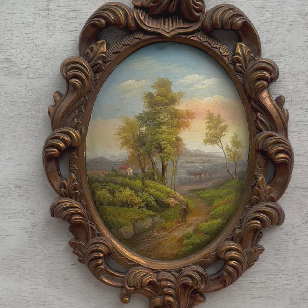 Oval Countryside Village Landscape Oil Painting | Winding Path | Integrated Ornate Frame | Original circa 1965 | 42×60cm