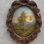 Oval Countryside Village Landscape Oil Painting | Winding Path | Integrated Ornate Frame | Original circa 1965 | 42×60cm