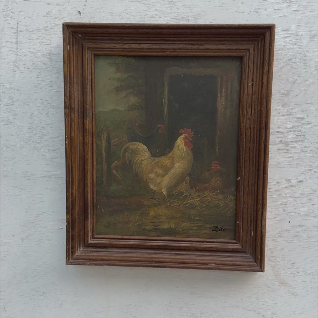 White Rooster & Hens Farmyard Oil Painting |Hand-drawn vintage art | circa 1950s | 10.4×12.4in