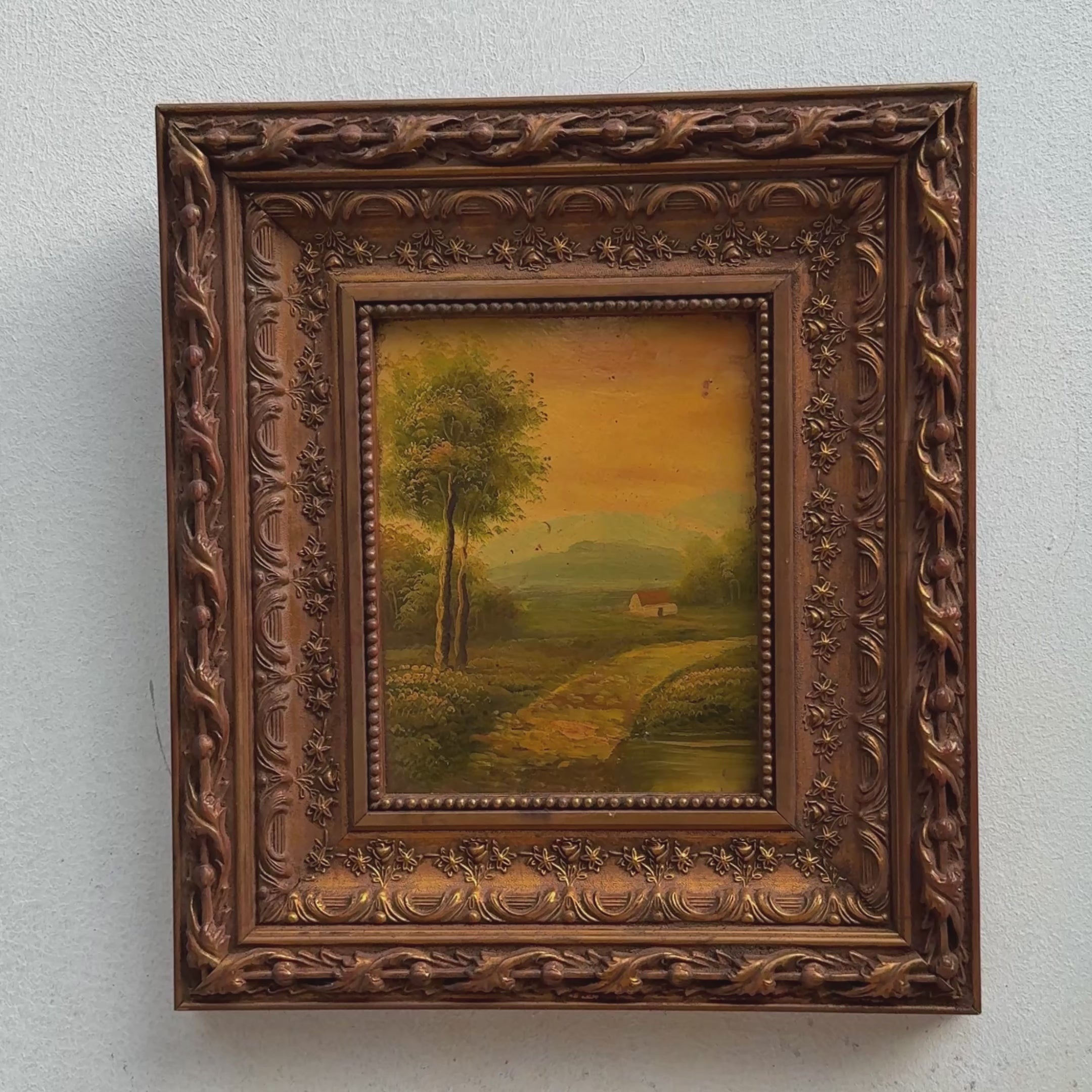 Original Vintage Landscape Oil Painting, Rustic Countryside Path Scene in Ornate Wooden Frame – 15.7 × 17.7 in