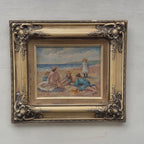 Summer Day by the Sea Oil Painting | Signed R. Houely | Shell Motif Silver Gold Frame | Original circa 1955 | 43.5×38.5cm