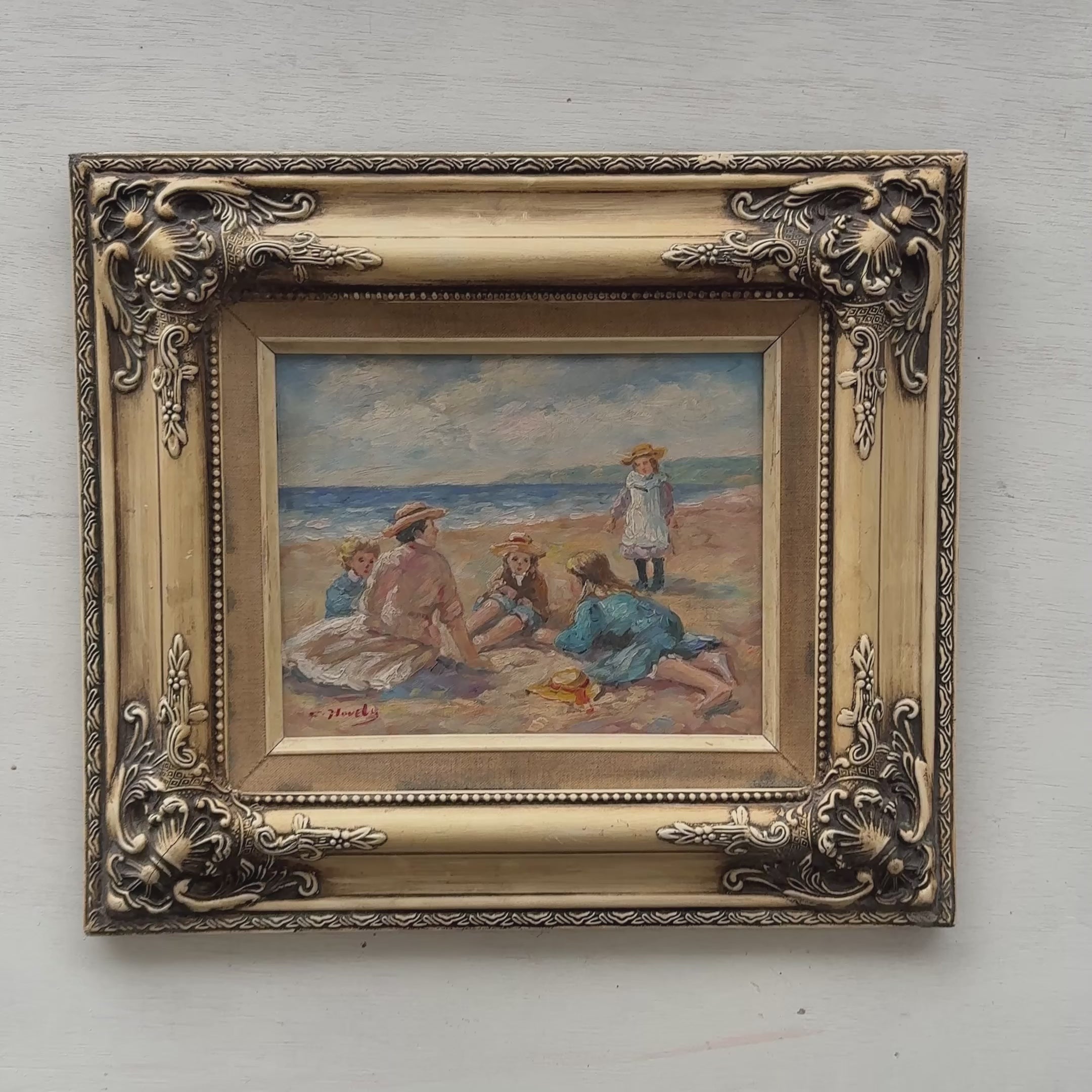 Summer Day by the Sea Oil Painting | Signed R. Houely | Shell Motif Silver Gold Frame | Original circa 1955 | 43.5×38.5cm