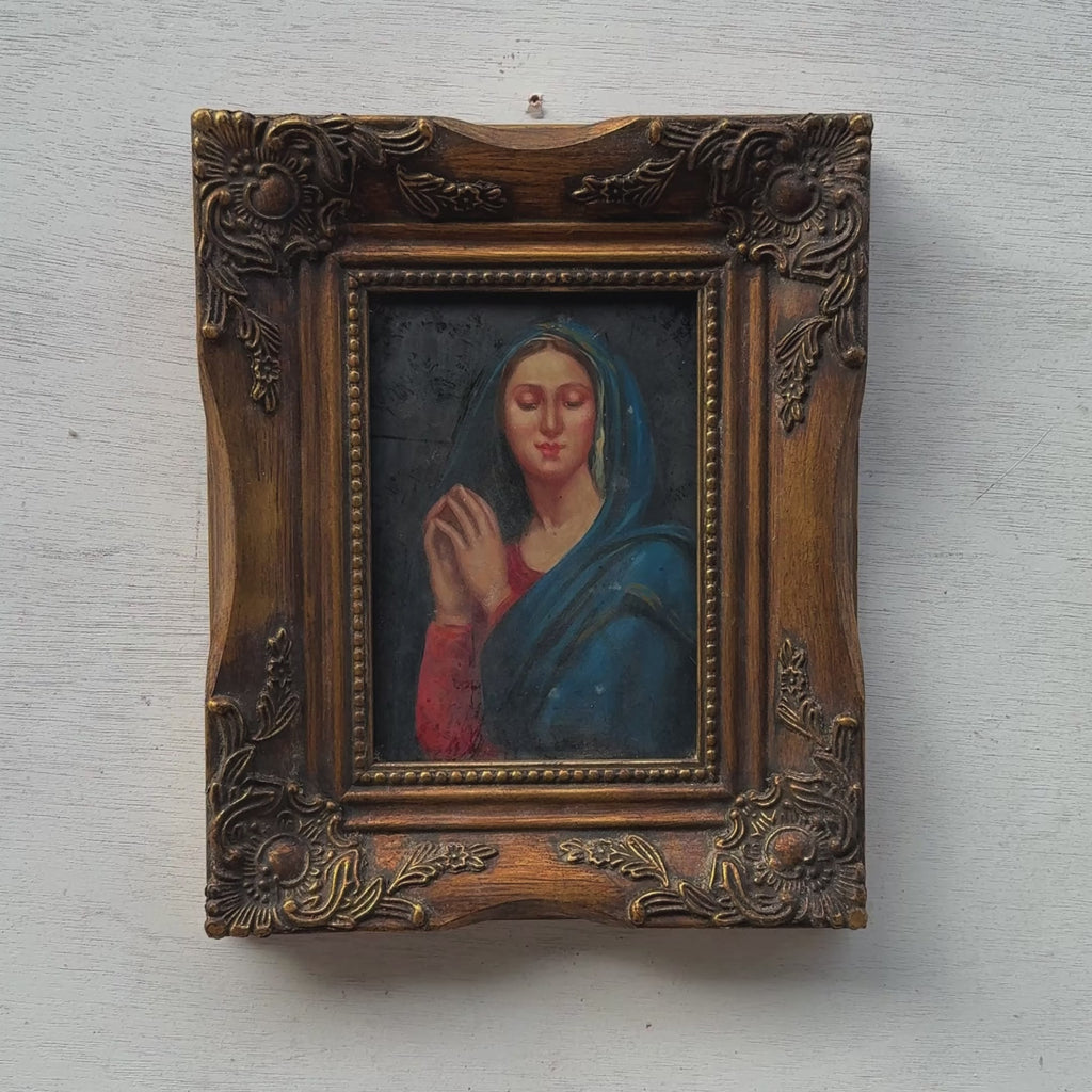 Virgin Mary in Prayer Oil Painting | Blue Mantle & Crimson | circa 1970s | 9.1×11.0in