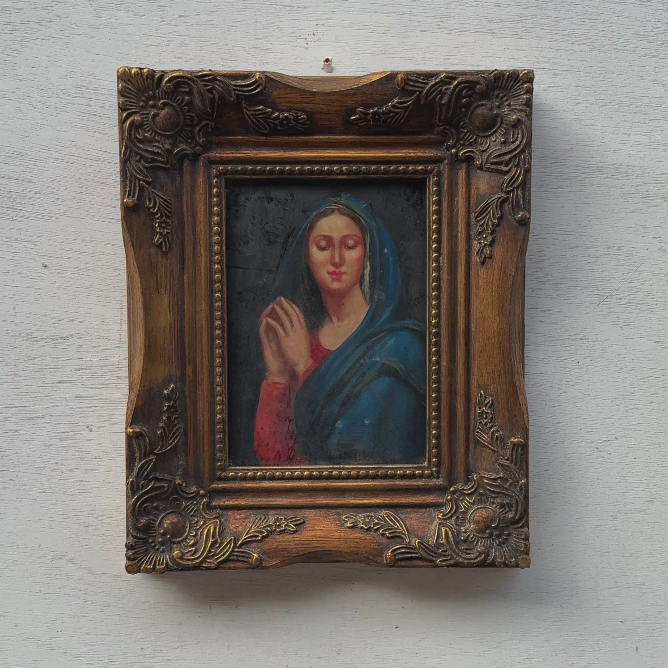 Vintage Praying Madonna Oil Painting, Small Framed Christian Art