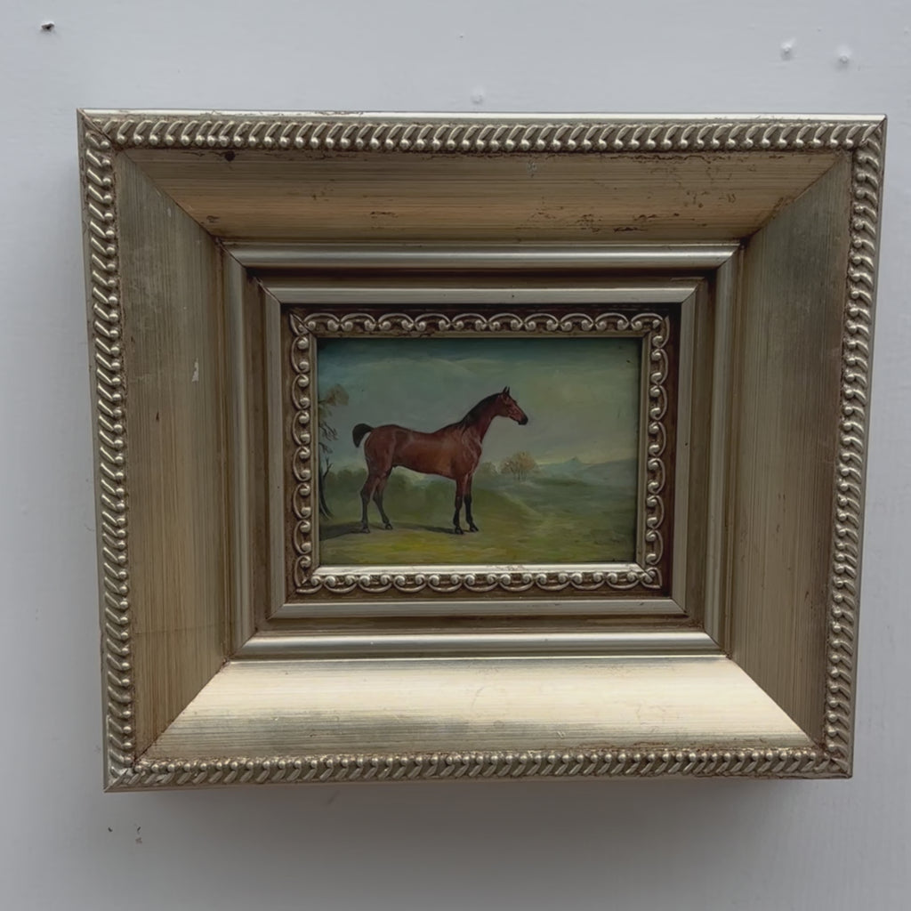 Brown Horse in Countryside Oil Painting | Profile Pose & Rolling Fields | circa 1950s | 15.0×13.0in