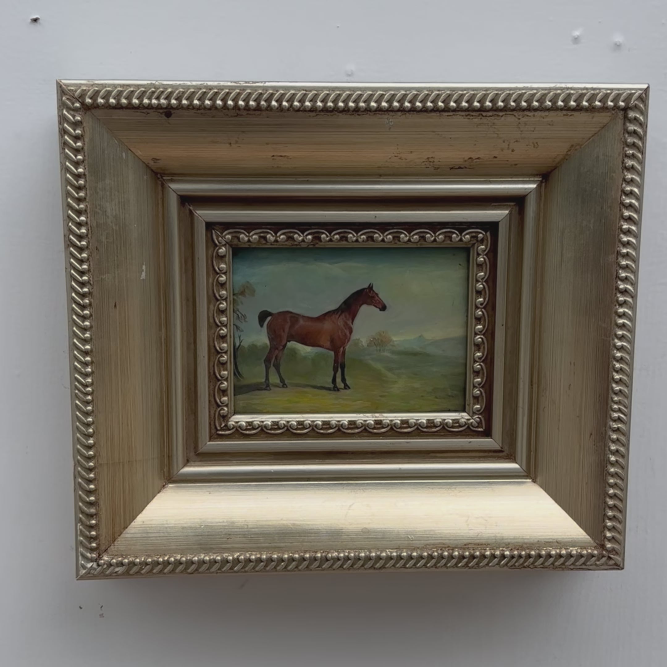 Vintage Miniature Horse Hand-Painted Oil Painting | Intricate Multi-Layer Carved Frame | One of a Kind
