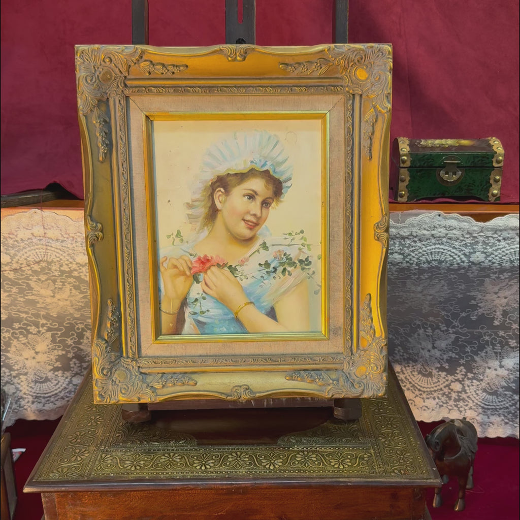 Rococo Lady with Pink Rose Portrait Oil Painting | Lace Cap & Blue Gown | Ornate Gold Frame 28×33cm