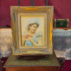 Rococo Lady with Pink Rose Portrait Oil Painting | Lace Cap & Blue Gown | Ornate Gold Frame 28×33cm