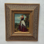 Classical Hand-Painted Portrait Painting, Spanish-Style Noble Lady in Red Long Gown & Shawl, Vintage Gilded Frame